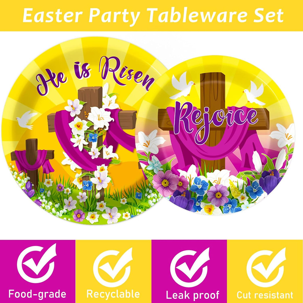 96 Pcs Easter Tableware Set He Is Risen Plates Happy Easter Party Plates East...