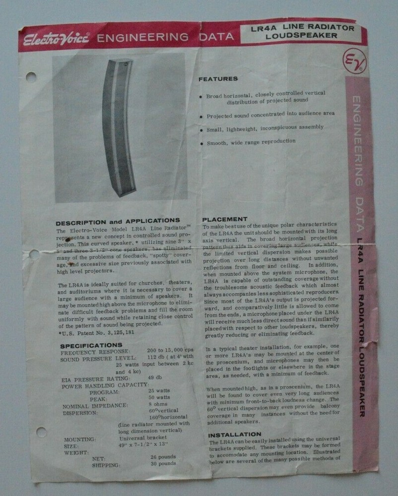 ELECTRO-VOICE LR4A Line Radiator Loudspeaker Engineering Data Sheet