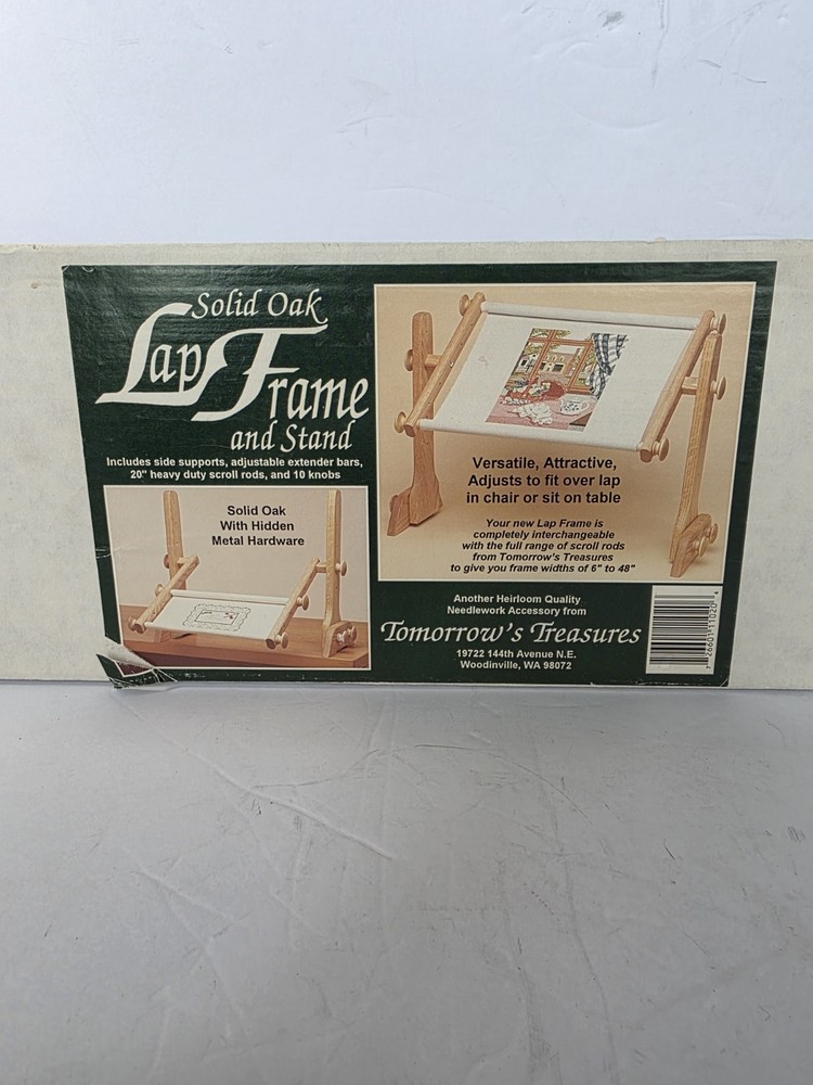 Needlework Craft Oak Lap Frame Stand Scroll Rods Extend NOS Tomorrow's Treasures