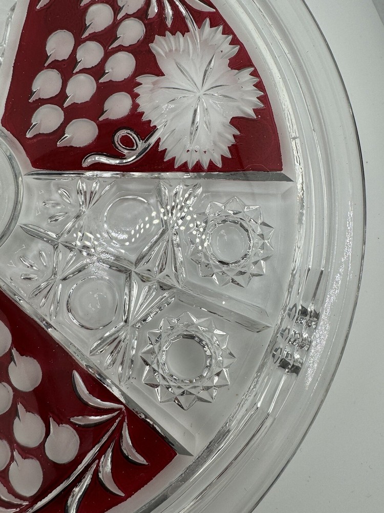 Vintage Ruby Czech Cut Glass Flat Cake Plate Read 12"
