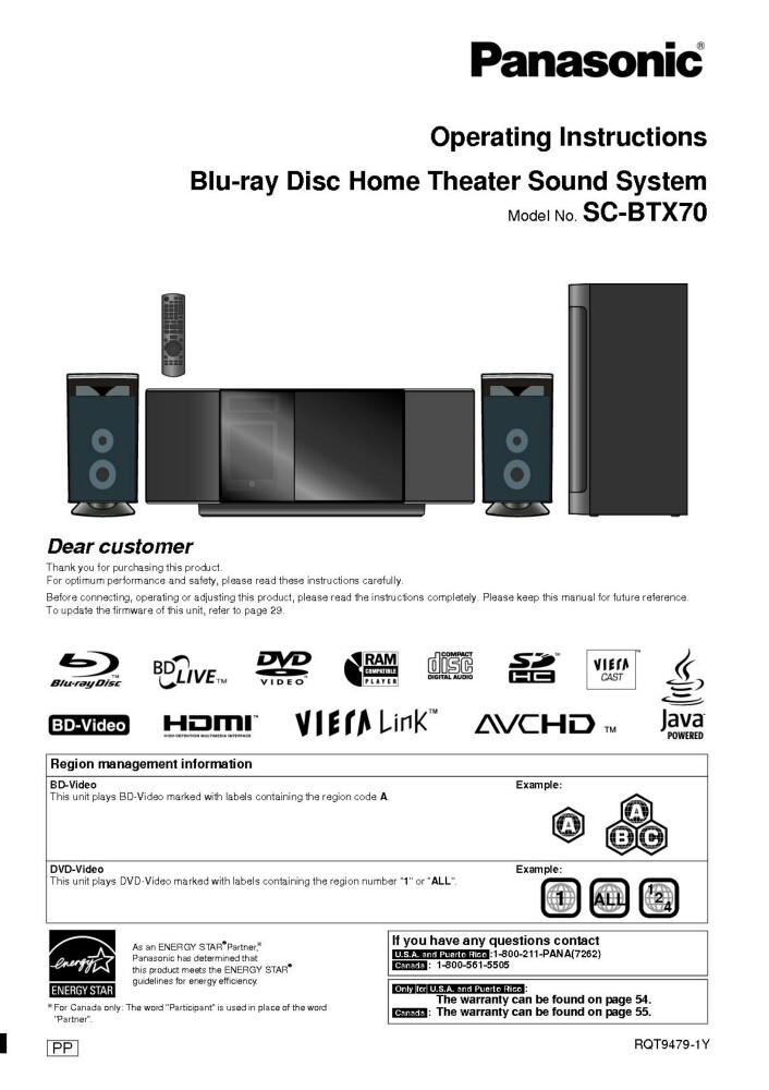 Panasonic SA-BTX70 Home Theater System Owners Instruction Manual