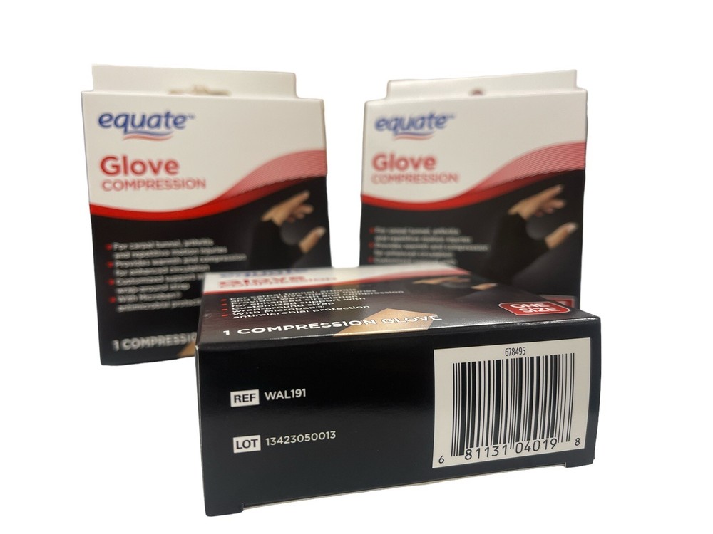 3 Pack Equate Compression Gloves Antimicrobial One Size Carpel Tunnel, Arthritis