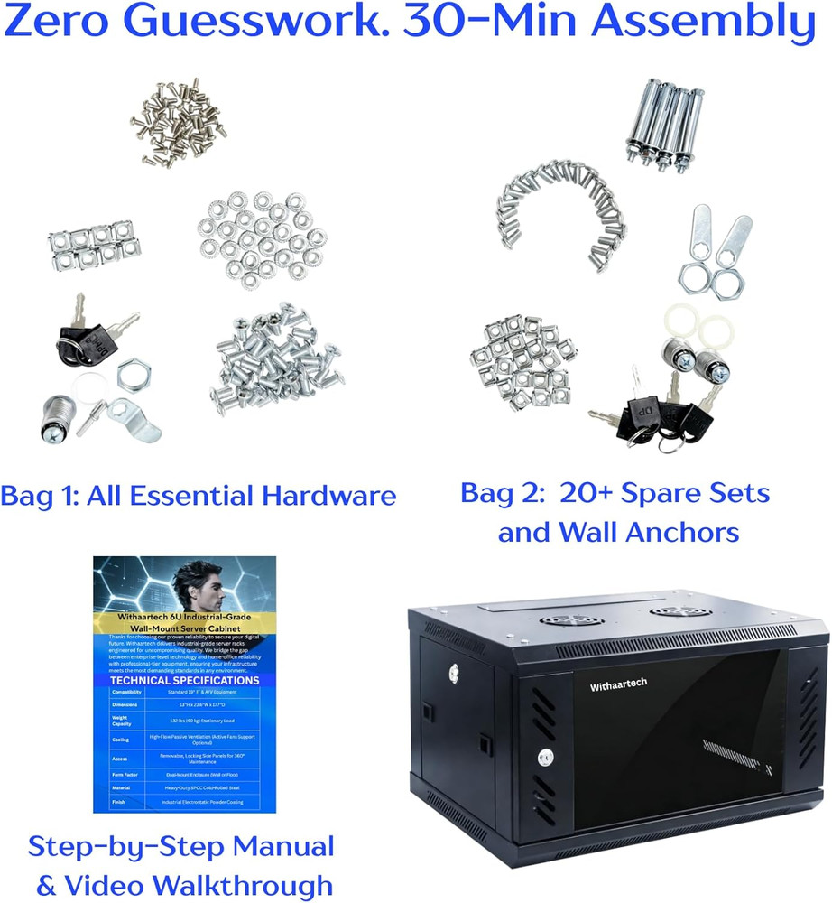 6U Wall Mount Server Cabinet with 360° Cooling & 3 Locking Doors for IT Use