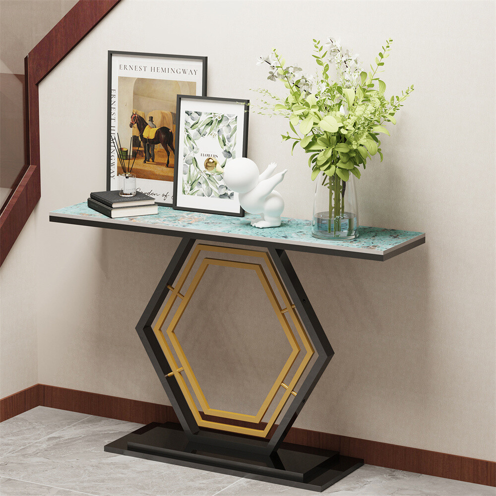 Modern Console Table Sintered Stone entry Table with Geometric/Leaf Golden Base