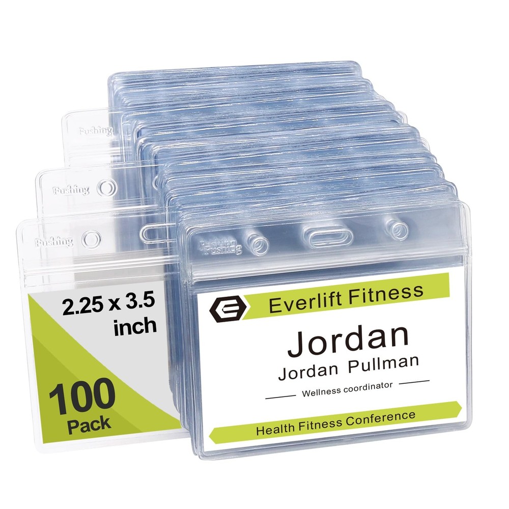 100 Pcs Clear Plastic Horizontal Name Tag Badge ID Card Holders