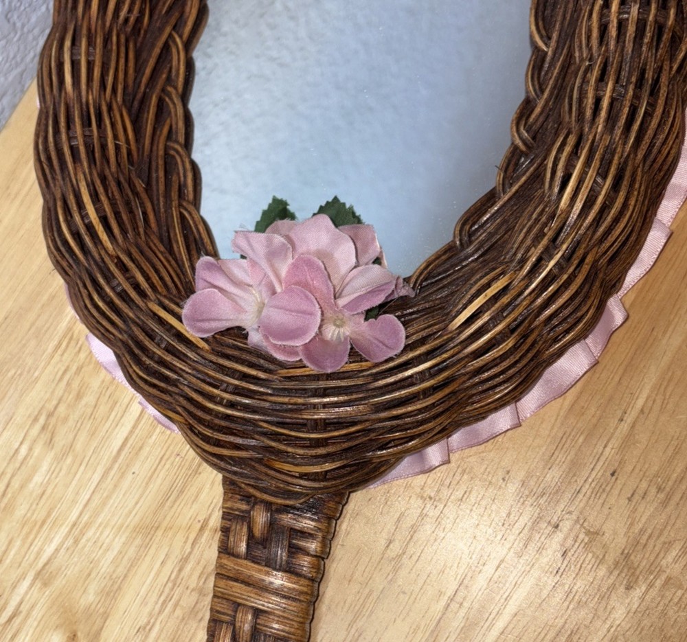 Vintage Wicker Mirror - Handheld - Pink Flower