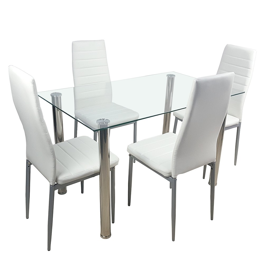 5pcs/set Dining Table Set Kitchen Tempered Glass Dining Table + 4 Chairs White