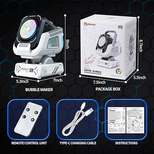 Automatic Bubble Machine RGB Lights Remote Control Rechargeable