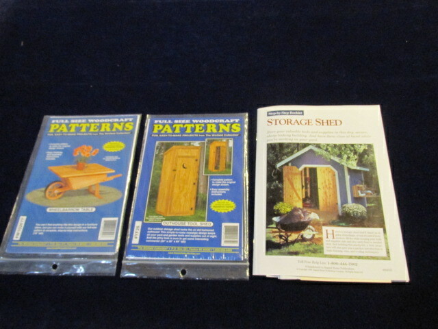 3 Woodworking Patterns Wheelbarrow Table Outhouse 2 styles Tool Storage Shed AE6