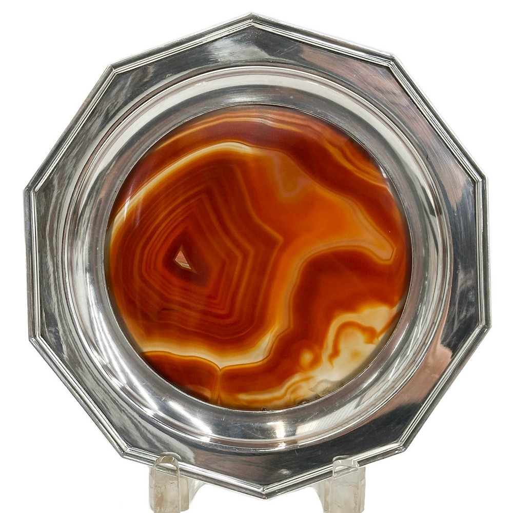 Continental Banded Agate Agate Silver Plate Mounted Hexagonal Plate early 20th c