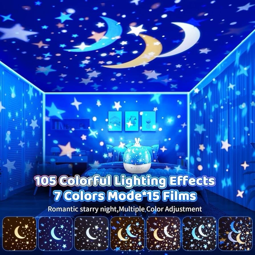 Bluetooth LED Night Light Projector, Remote, 15 Films, Adjustable, Kids Bedroom