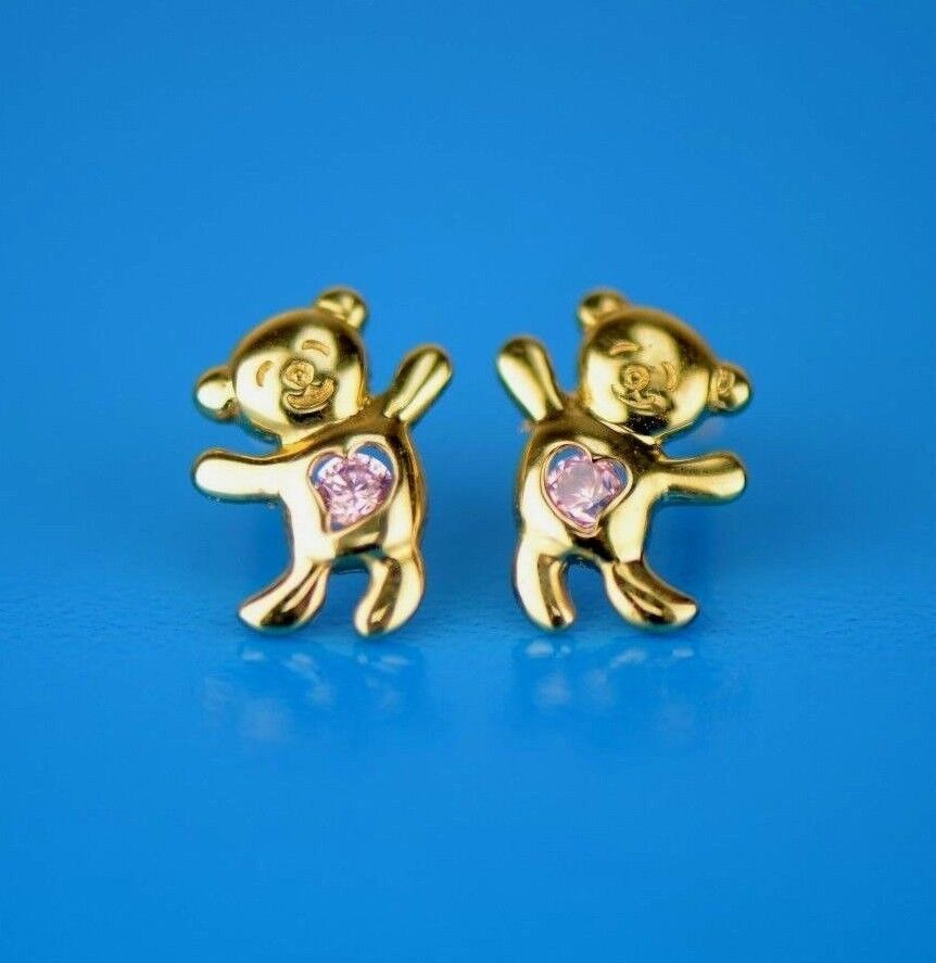 14k Yellow Gold CZ Bear Stud Earrings