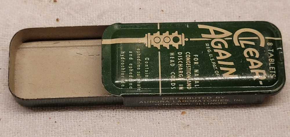 CLEAR AGAIN TIN w STOP LIGHT GRAPHICS AURORA LABORATORIES CHICAGO ILLINOIS