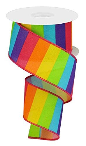 Rainbow Horizontal Stripe Canvas Wired Edge Ribbon - 10 2.5", Neon Multi