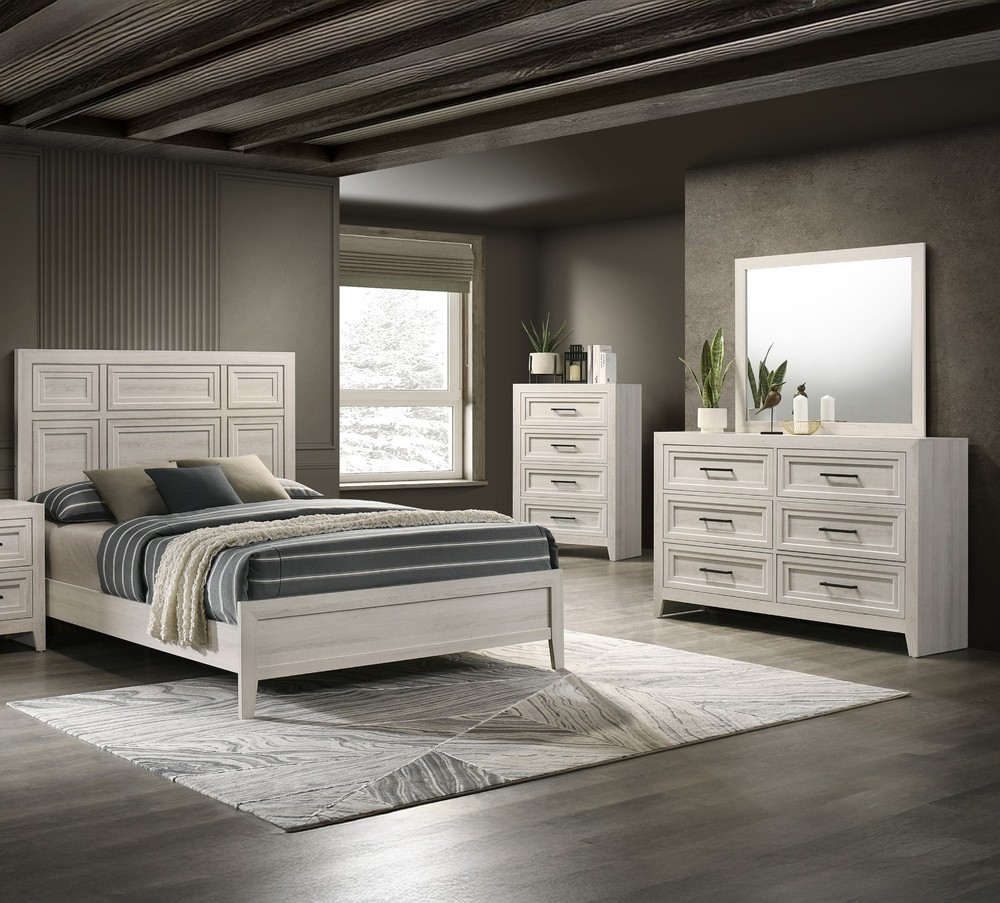 4pc Antique White Finish Queen Panel Bed Set Geometric Design Headboard