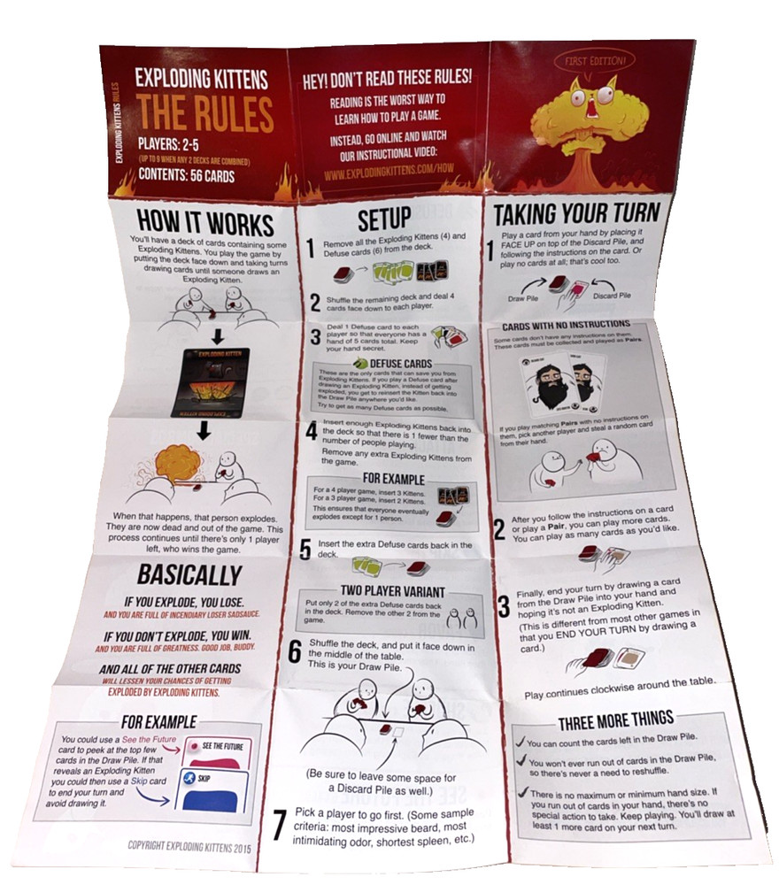 Exploding Kittens Card Game Complete Box with Instructions Does not make Noise *