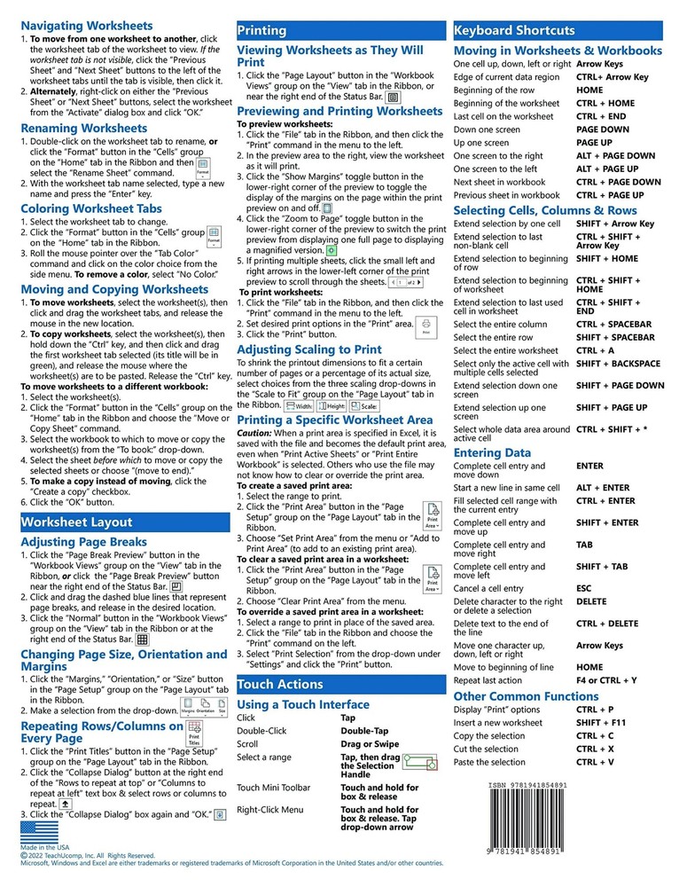 Excel 2021 & 365 Training Guide Quick Reference Card Cheat Sheet Instructions
