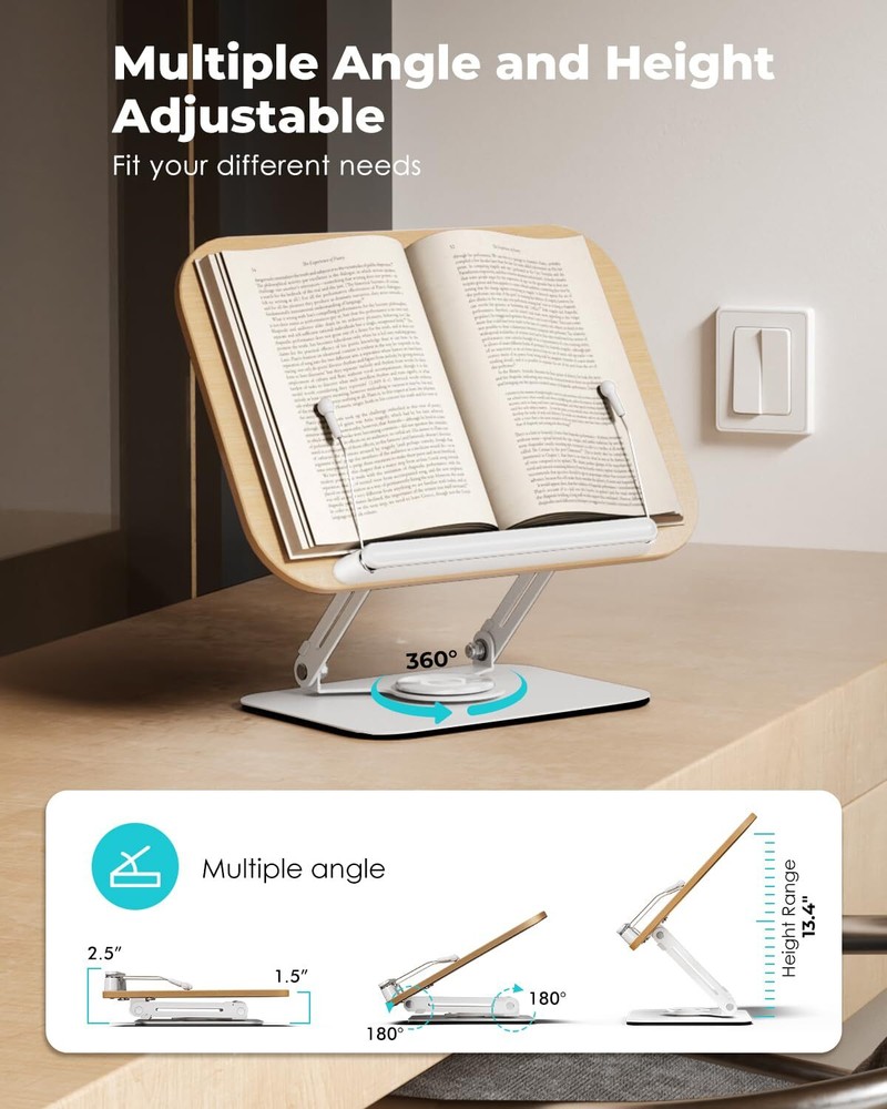 Book Stand for ReadingBook Holder Height&Angle Adjustable 360° Rotating Base ...