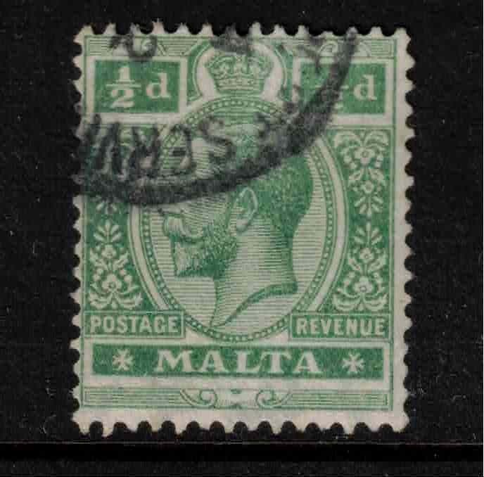 Malta 1921-22 KGV SG98 0.5d green Multi Script CA Used