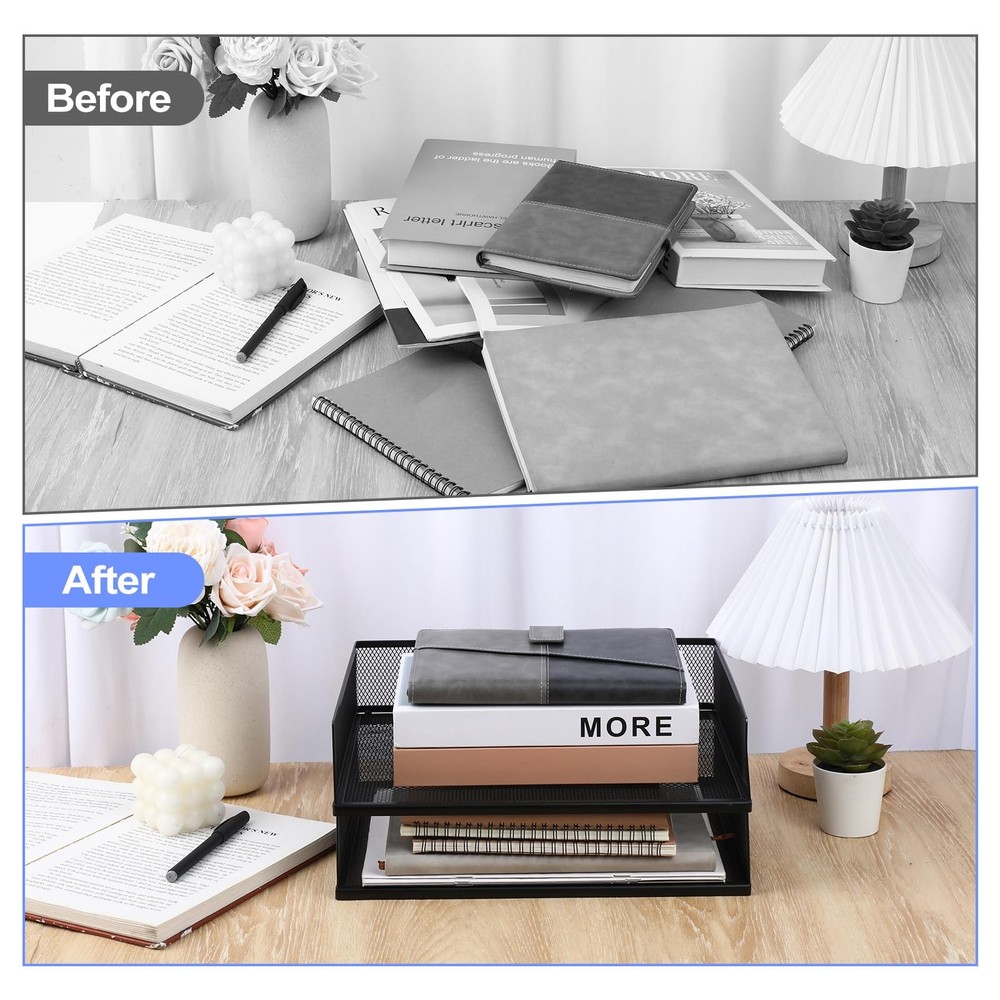 2 Pack Black Stackable Letter Tray, Wire Mesh, Transverse Load, Desk Organizer