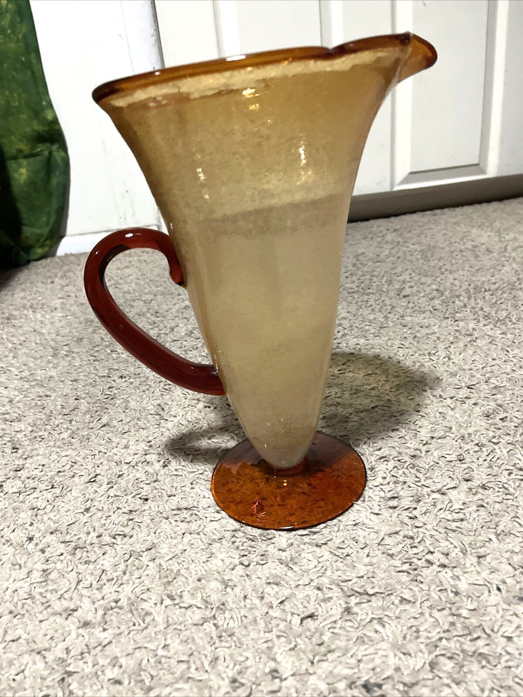 Large Hand Blown Orange/brown Glass Controlled Bubble Pitcher Applied Handle