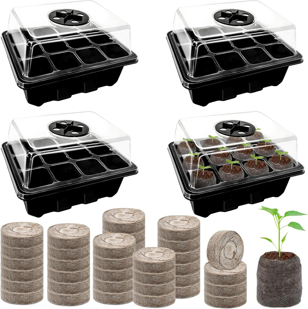4 Pack Seed Starter Tray Kit with Dome Lid 50 Peat Pellets Germination