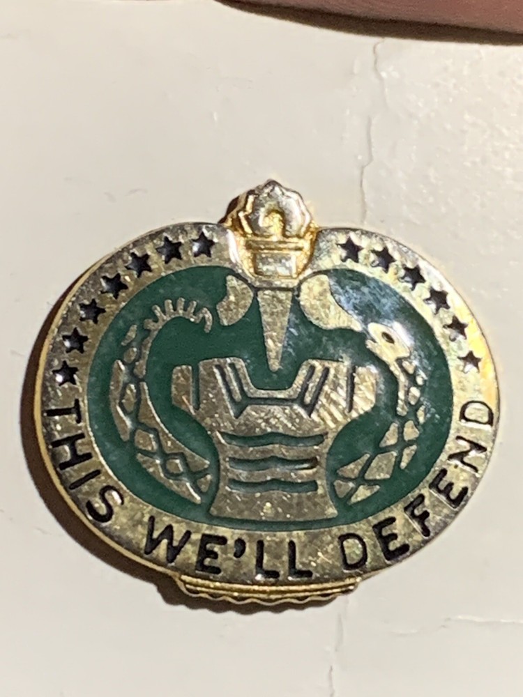 US Army Drill Instructor’s unit crest pin THIS WE'LL DEFEND Mfg. by N.S. MEYER