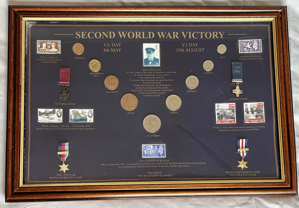 Second World War Victory 9 Coin Set + Stamps + Miniature Medals