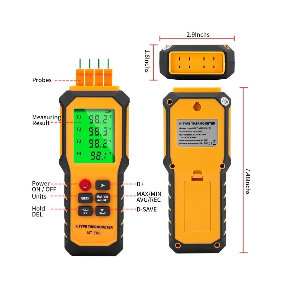 4-Channel K-Type Temperature Thermometer with LCD Backlight Measurement Range...