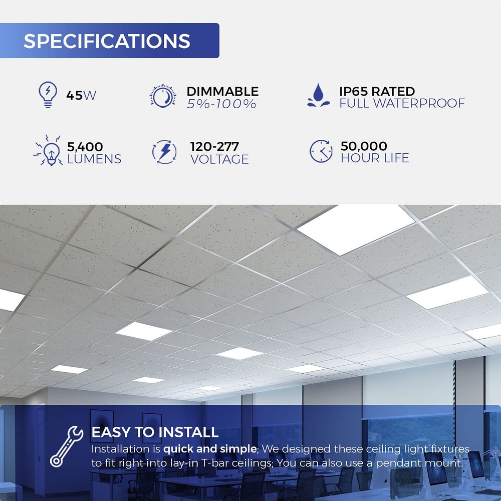 20 Pack 2X2ft Led Flat Panel Light 5400Lm 45W 5000K Dimmable Drop Ceiling