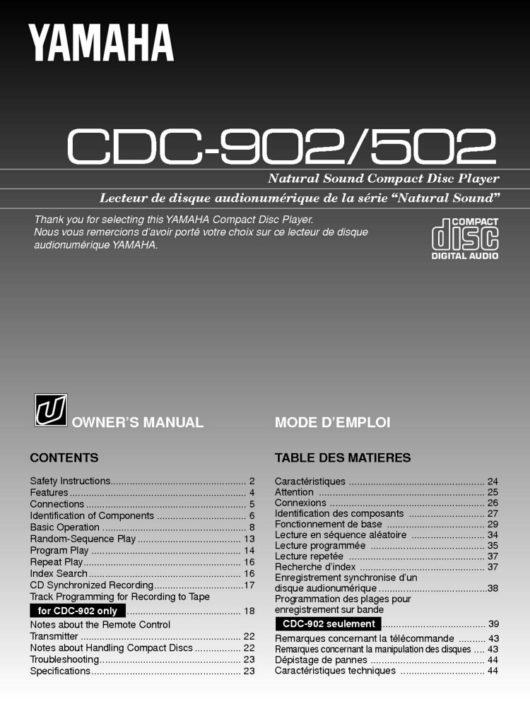 Yamaha CDC-502 CD Player Owners Manual