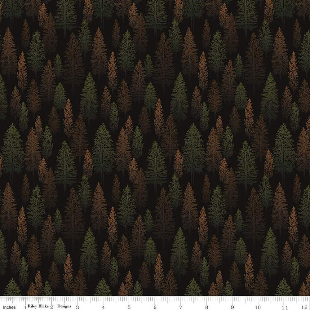 Pine Grove Trees Black Cotton Fabric