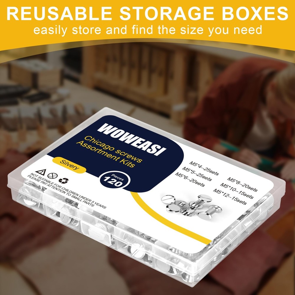 120 Sets Chicago Screws Kit M5 Leather Binding Rivets 6 Sizes Silver