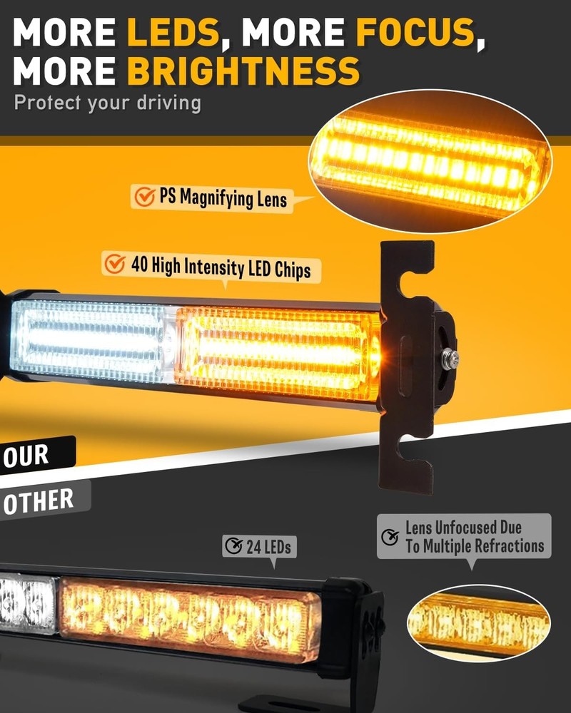 Dash Strobe Light Bar 40 LED Amber White Emergency Warning