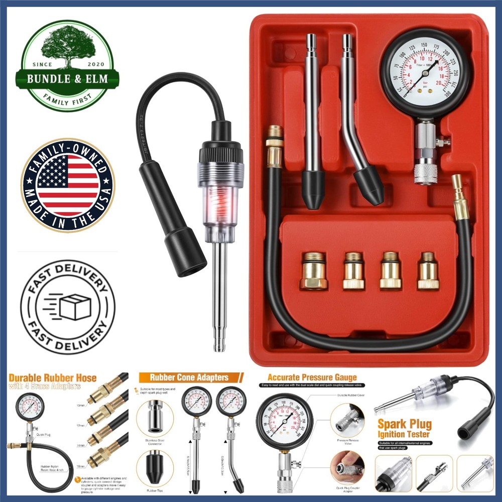 Complete Engine Testing Tool Kit with Compression Gauge and Rubber Adapters