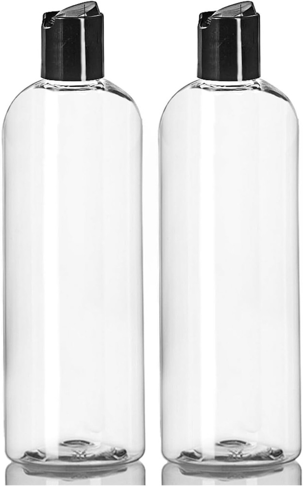 Clear Plastic Empty Bottles with Black Disc Top Caps Refillable