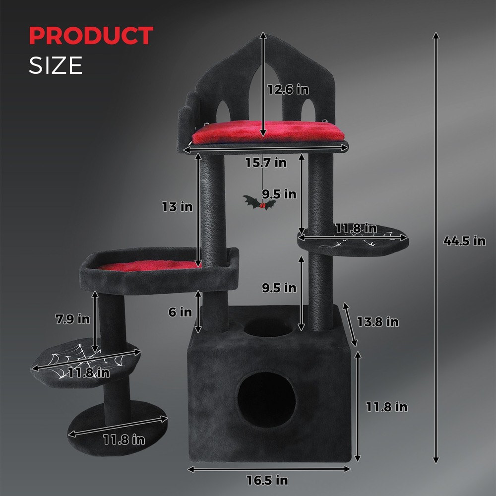 Black Gothic Cat Tree 44.5in w/ Scratch Posts, Hammock, Cave, Toy for Multi-Cats