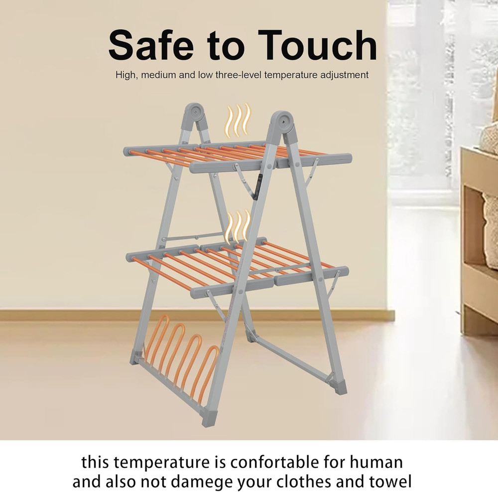 Foldable Electric Heated Clothes Drying Rack with Timer - Silver Gray
