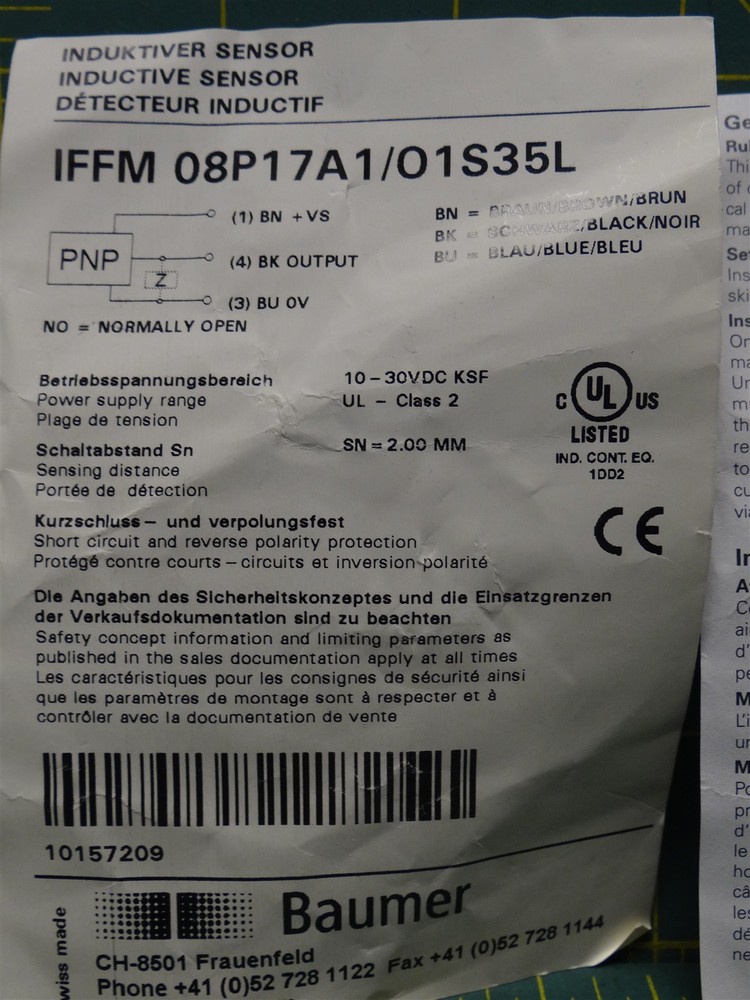 Baumer IFFM08P17A1/O1S35L Inductive Proximity Sensor Rect. Flush M8 Connector