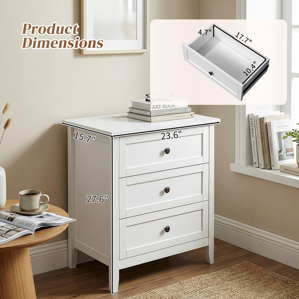 White P2 MDF Particleboard with Melamine Veneer Three-drawer Bedside Table