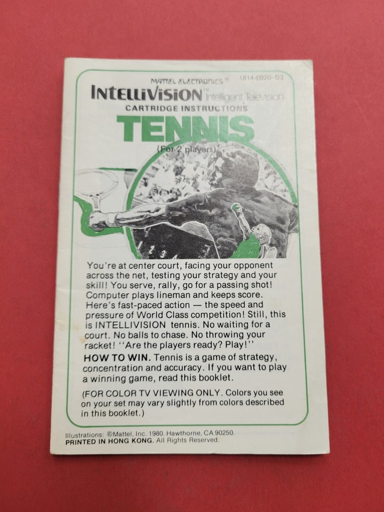 Tennis Intellivision Manual Authentic