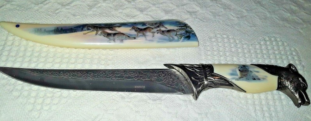 Large 13" Damascus Fixed Blade 8" Blade 5" Handle Full Tang Wolf Pack C Pics EC