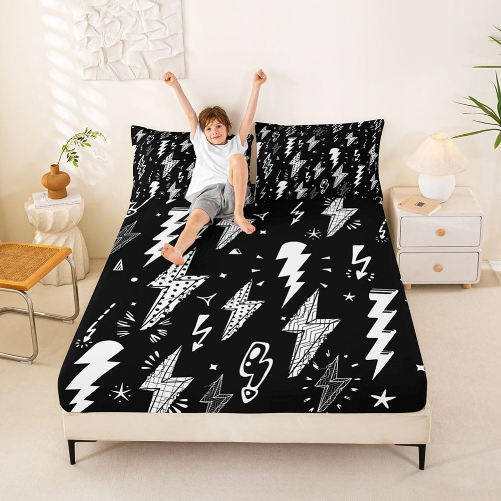 Lightning Fitted Sheet Hand Drawn Doodle Lightning Bolt Bedding Set 2pcs for ...