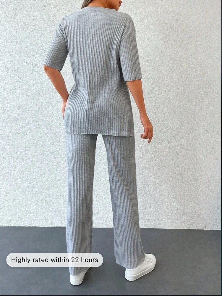 Drop Shoulder Rib-Knit Tee and Trousers Set
