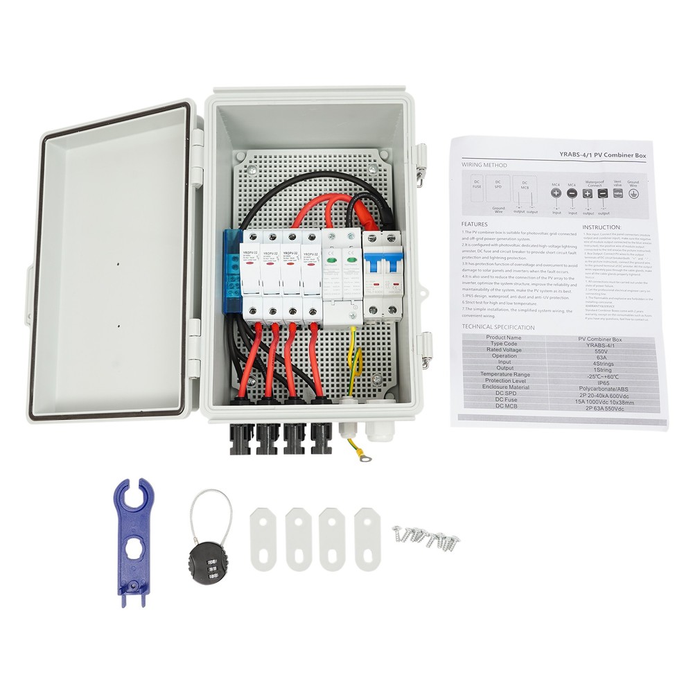 Solar Combiner Box PV Combiner 63A Circuit Breaker 4 String For Solar Panel Kit