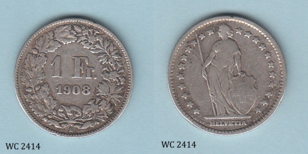Switzerland 1 Franc 1908 Silver Coin