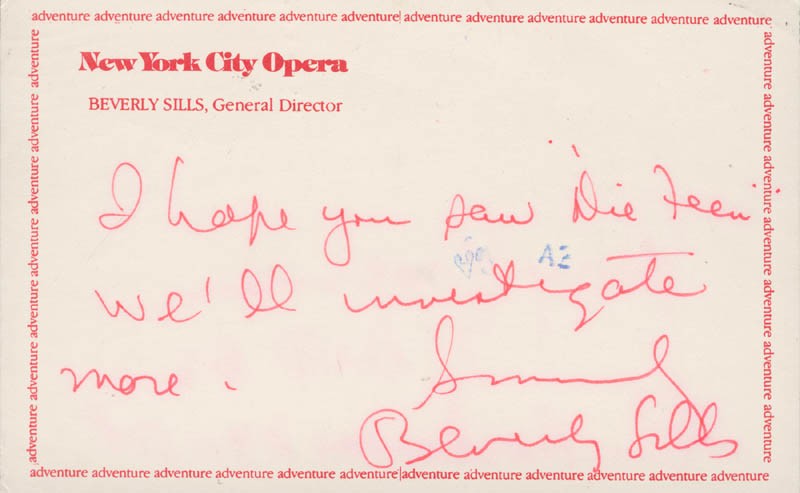 BEVERLY SILLS - AUTOGRAPH NOTE SIGNED 06/10/1982