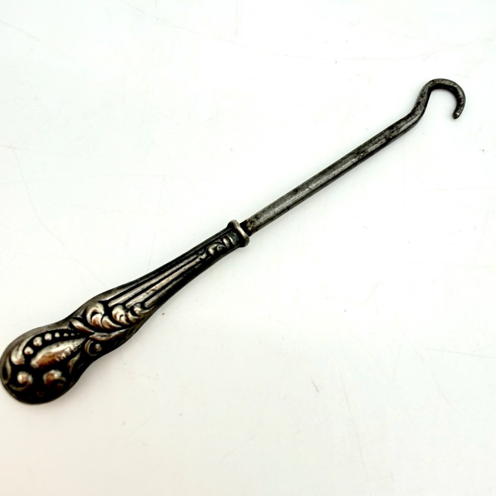 Antique Sterling Silver Button Hook Ornate Floral Scroll Handle Tool