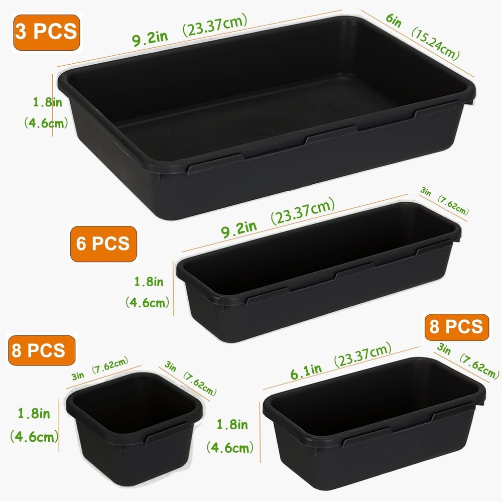 25 PCS Black Drawer Organizer Set 4 Size Interlocking Plastic Storage Bins