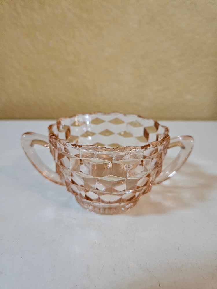Depression Pink Jeannette Glass Open Sugar Bowl 2 Handles Cube Pattern